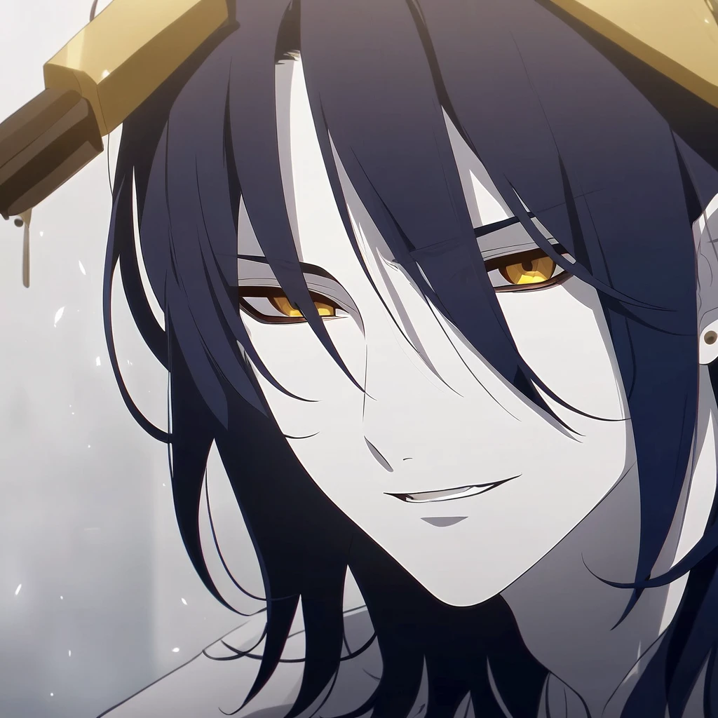 Russian male, golden eyes and messy dark blue hair and pale skin. Anime style.