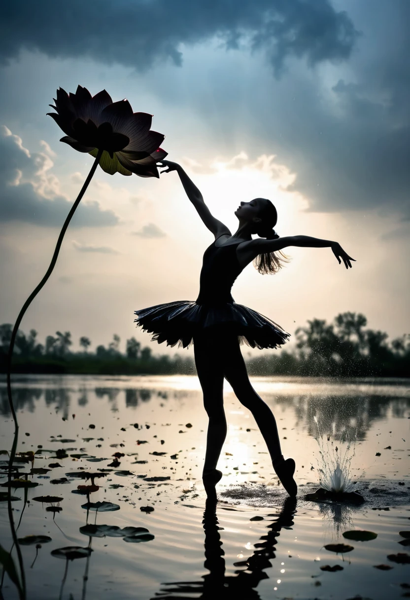 heavy rain，Rain splash，Girl shows black silhouette,Contrast with bright background,ballet silhouette,High contrast,Silhouette ballerina on the lake,lotus, lily pad，Shooting against the light，