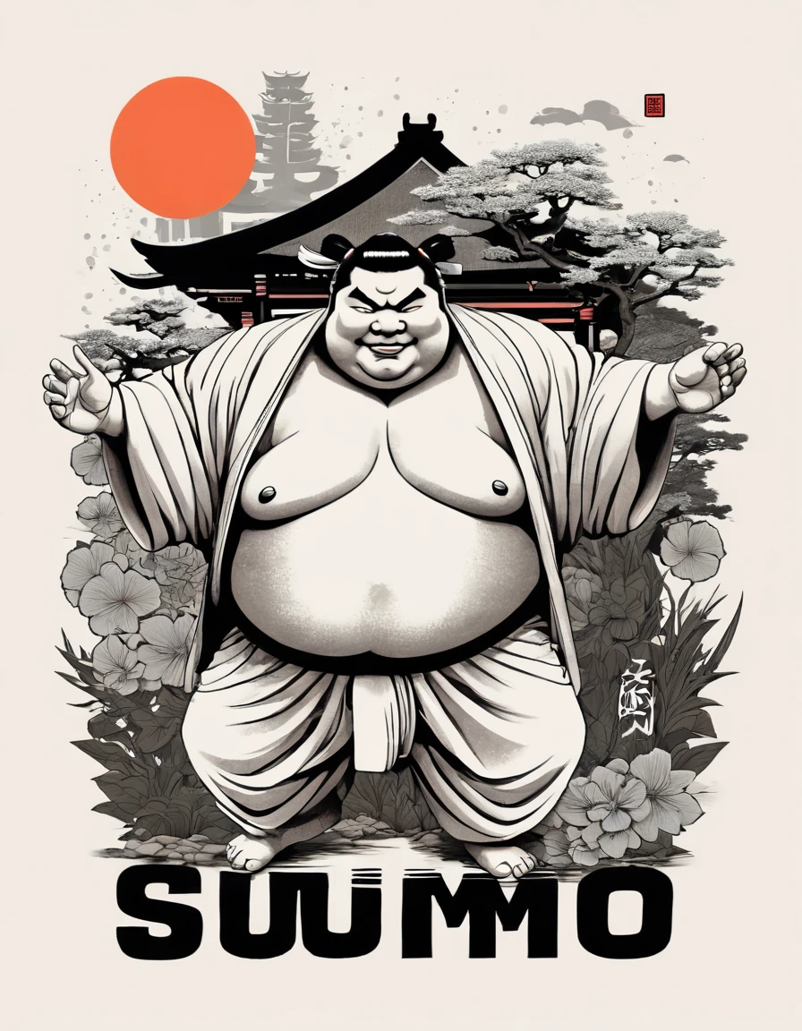 Design a t-shirt featuring a fantasy JAPANESE STYLE illustration of a big sumo japanese with cool sunglasses in position, PAPER LANTERNS,  Combine a detailed black and white drawing with vibrant, colorful digital fantasy style  featuring the word ( SUMO). Draw inspiration from the intricate and dynamic styles of Dan Mumford, junko mizuno, and Frank Frazetta.negative space