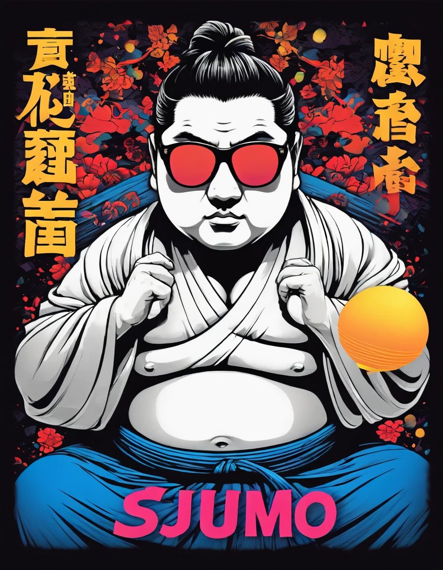 Design a t-shirt featuring a fantasy JAPANESE STYLE illustration of a big sumo japanese with cool sunglasses in position, PAPER LANTERNS,  Combine a detailed black and white drawing with vibrant, colorful digital fantasy style  featuring the word ( SUMO). Draw inspiration from the intricate and dynamic styles of Dan Mumford, junko mizuno, and Frank Frazetta.negative space