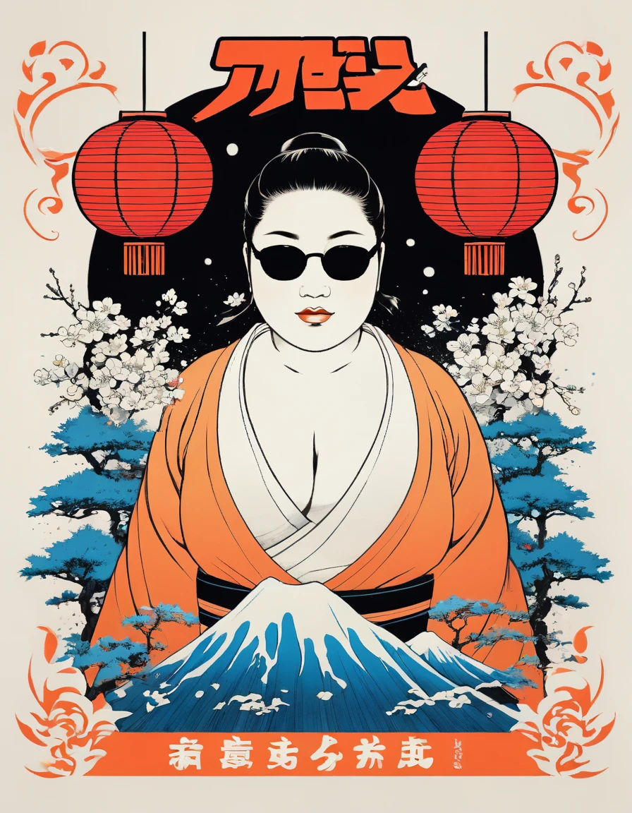 Design a t-shirt featuring a fantasy JAPANESE STYLE illustration of a big sumo japanese with cool sunglasses in position, PAPER LANTERNS,  Combine a detailed black and white drawing with vibrant, colorful digital fantasy style  featuring the word ( SUMO). Draw inspiration from the intricate and dynamic styles of Dan Mumford, junko mizuno, and Frank Frazetta.negative space