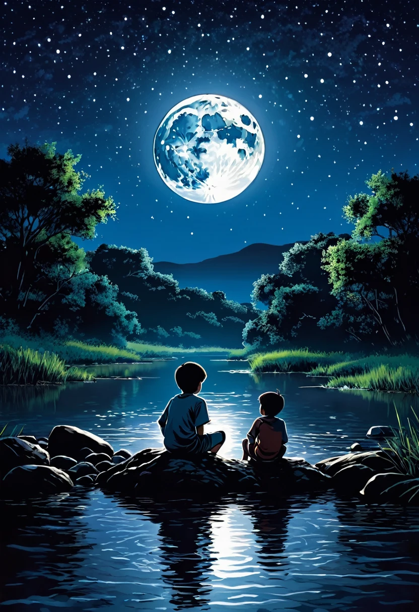 A boy sitting in a river on a moonlit night