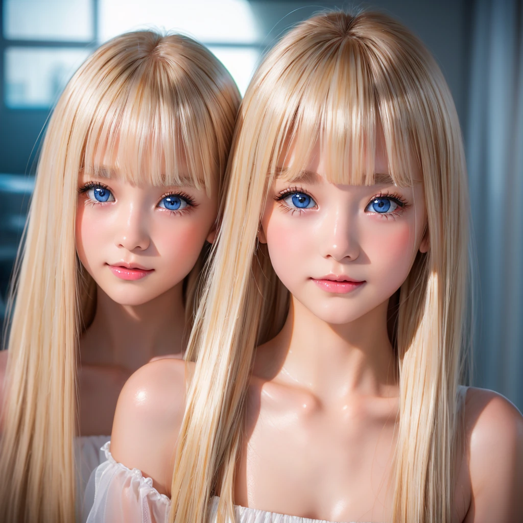 Portrait、、Bright expression、ponytail、Young, lustrous, glowing, white skin、The best beauty、Blonde reflection、Platinum blonde hair with dazzling highlights、Shiny bright hair,、Super long silky straight hair、Shiny beautiful bangs、Bright, clear, attractive, large blue eyes、Very beautiful lovely cute 16 year old girl、Ample Bust