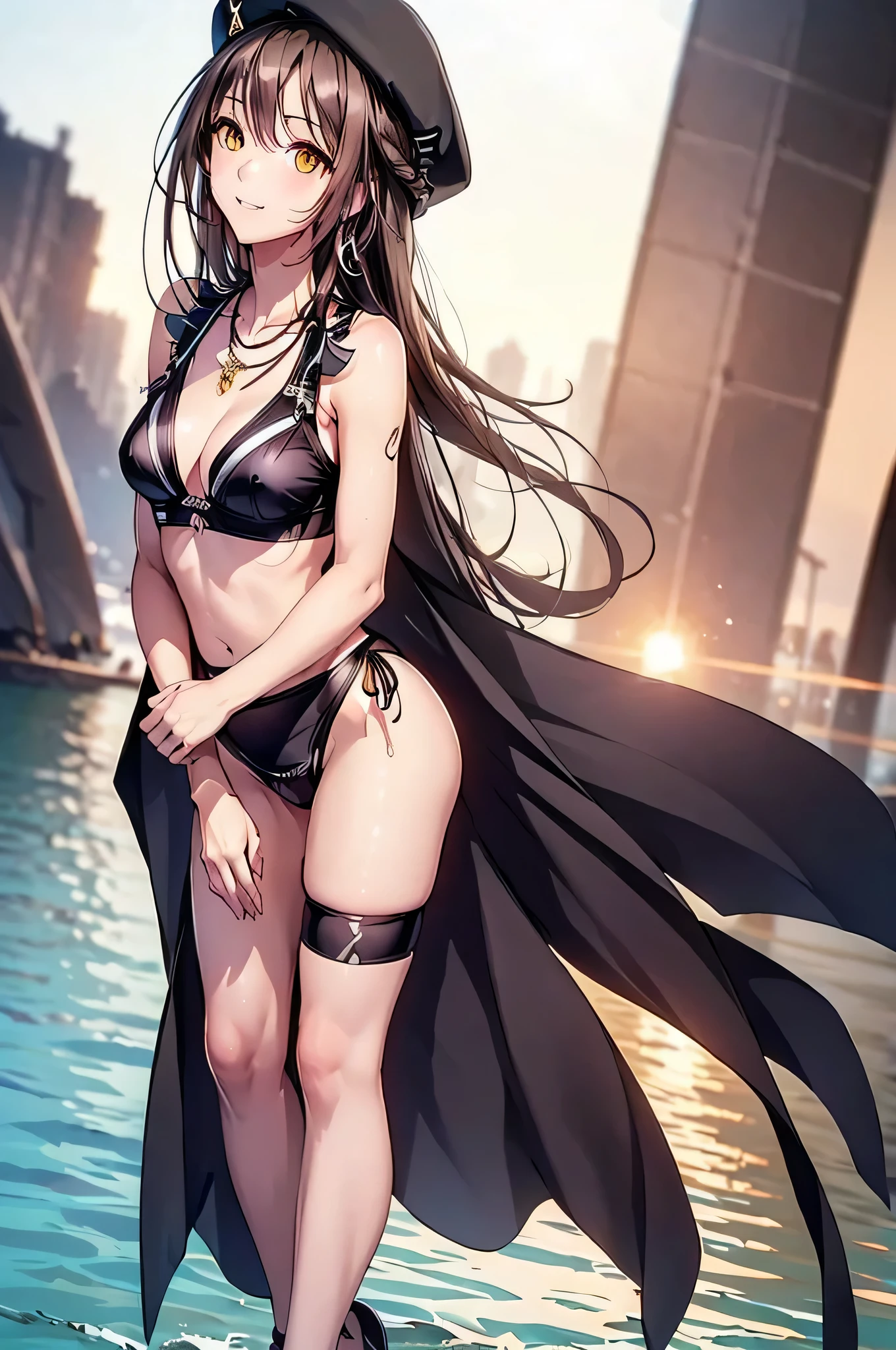 ((Biologically correct limb count)),((Natural finger shape)),((Full Body Shot,Including face)),Standing position,4K,masterpiece,((Focus on the face)),((Symmetrical facial features)),Eye for detailed depiction,Beautiful woman,Great style,Beautiful legs,(Small Ass,Thin thighs),(Patterned black stockings,High heels),Facial details,Small earrings,necklace,Low angle photo,((Black bikini swimsuit)),(((Expression of joy))),(((Beach))),(((Swimming in the sea))),(To the camera),Photograph the side of the body,Dark brown hair、Long Hair,Yellow Eyes,