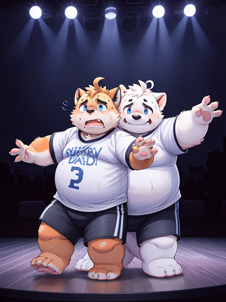 (New Jersey 5 Furry,orca ,Chubby,Fat,Thick arms,Rugged muscles,(((White plush fur))),Solitary,Chubby Face,((Black eyebrows)),Sky blue eyes,((ahoge)),(sweat),(smirk:1.2),((correct pink paw))),
BREAK
(another furry shark, orange fur, scared, shy),(t-shirt),(shorts),(couple dance),(stage),(panorama:1.2),