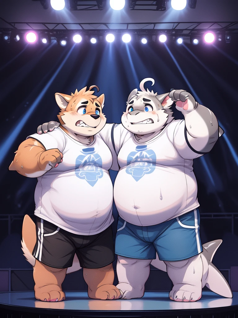 (New Jersey 5 Furry,orca ,Chubby,Fat,Thick arms,Rugged muscles,(((White plush fur))),Solitary,Chubby Face,((Black eyebrows)),Sky blue eyes,((ahoge)),(sweat),(smirk:1.2),((correct pink paw))),
BREAK
(another furry shark, orange fur, scared, shy),(t-shirt),(shorts),(couple dance),(stage),(panorama:1.2),