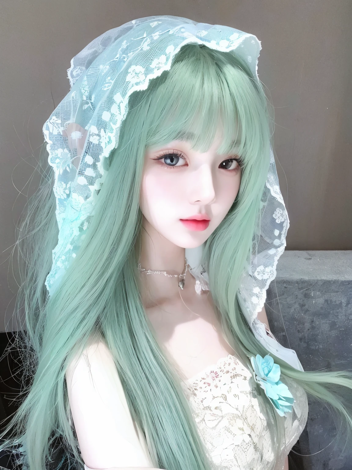 masterpiece,Best quality,一头薄荷绿色Long straight hair的女孩,Long straight hair,Flowing long hair,Bangs,Sweet girl,Exquisite facial features,20 years old,Chinese Girl,