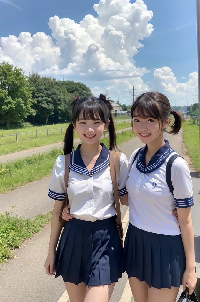 2 girls walking in rural station,long train on far side,cumulonimbus cloud in summer sky,short-sleeved white sailor shirt,navy blue pleated skirt,18-year-old,bangs,a little smile,thighs,knees,short hair with low pigtails bunches,from beside,front light