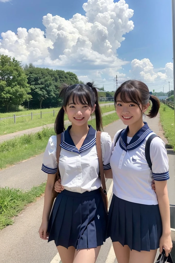 2 girls walking in rural station,long train on far side,cumulonimbus cloud in summer sky,short-sleeved white sailor shirt,navy blue pleated skirt,18-year-old,bangs,a little smile,thighs,knees,short hair with low pigtails bunches,from beside,front light