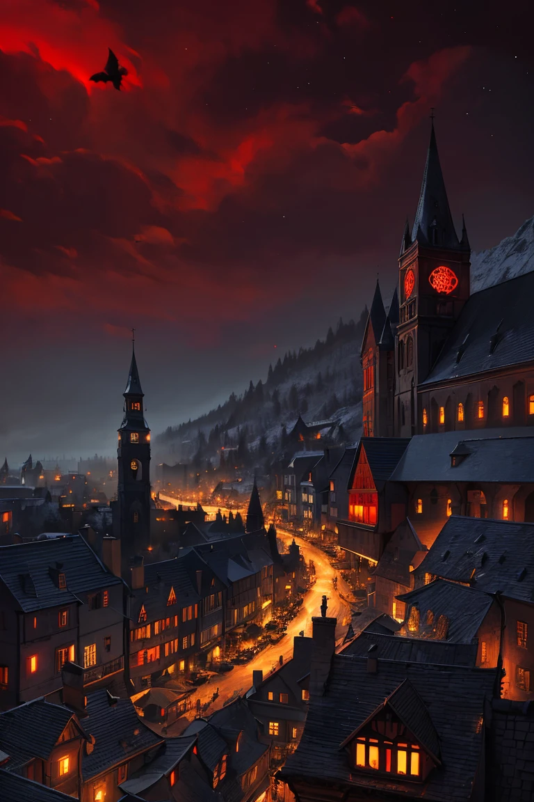 old European village shot with bird view, (Red glowing eyes), masterpiece, Depth of written boundary, Lutz, Gwaites style artwork, Gothic aesthetics, Dark Vampire village, ((in the dark gothic style cathle:1)), ((dark mid-night time:1.5)),