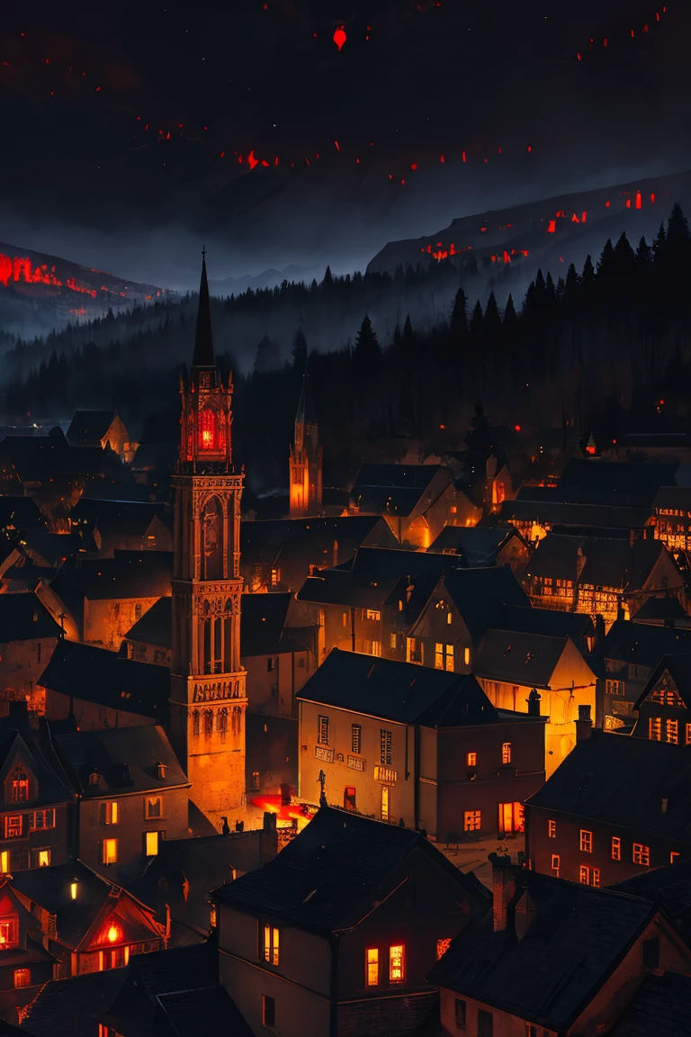 old European village shot with bird view, (Red glowing eyes), masterpiece, Depth of written boundary, Lutz, Gwaites style artwork, Gothic aesthetics, Dark Vampire village, ((in the dark gothic style cathle:1)), ((dark mid-night time:1.5)),