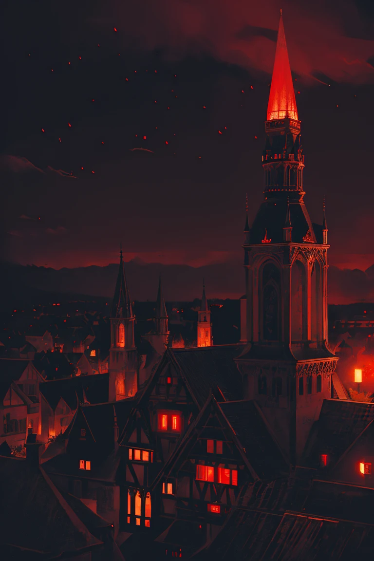 old European village shot with bird view, (Red glowing eyes), masterpiece, Depth of written boundary, Lutz, Gwaites style artwork, Gothic aesthetics, Dark Vampire village, ((in the dark gothic style cathle:1)), ((dark mid-night time:1.5)),