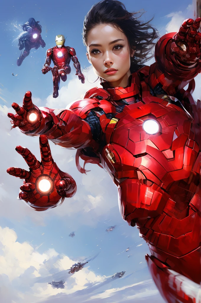 woman、Iron Man Suit、Floating in the sky、Tokyo、Large Breasts、