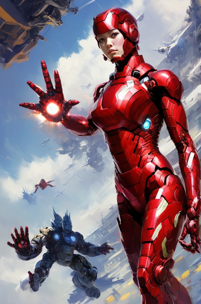 woman、Iron Man Suit、Floating in the sky、Tokyo、Large Breasts、
