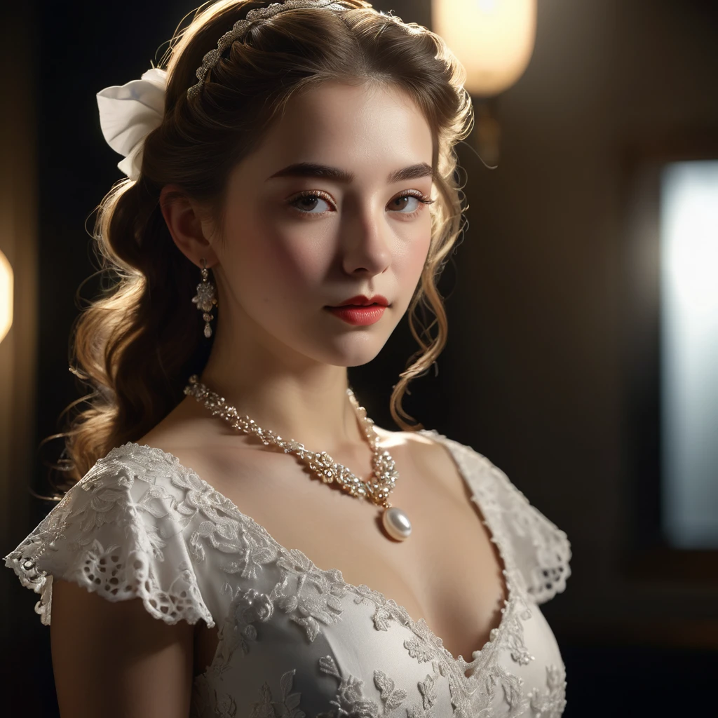 Best Quality, Masterpiece, High Resolution, 1girl, Porcelain Dress, Hair Accessories, Necklace, Jewelry, Pretty Face, On Body, Tyndall Effect, Realistic, Shadow Studio, Rim Lighting, Dual Tone Lighting, (High Detail Skins: 1.2), 8k UHD, dslr, soft light, high quality, volume light, sneak shot, photo, high resolution, 4k, 8k, background blur,