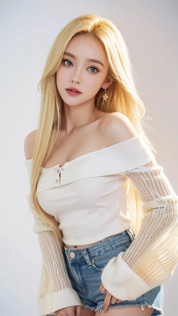 (((Off-the-shoulder blouse with sleeves、Shorts、White background、Cowboy Shot、forehead、Blonde)))、forehead、Northern Europe、Russia、beautiful girl、Platinum Blonde Hair、Straight long hair、Big blue eyes、Northern Europeの若者、Glowing Skin、Young and beautiful skin、A perfect and beautiful little face、Bright makeup、Pale pink lips、Bright expression、lipstick、Golden Hour Lighting、Movie Light、Intricate details、High resolution、 Detailed features of the face design、Big Breasts