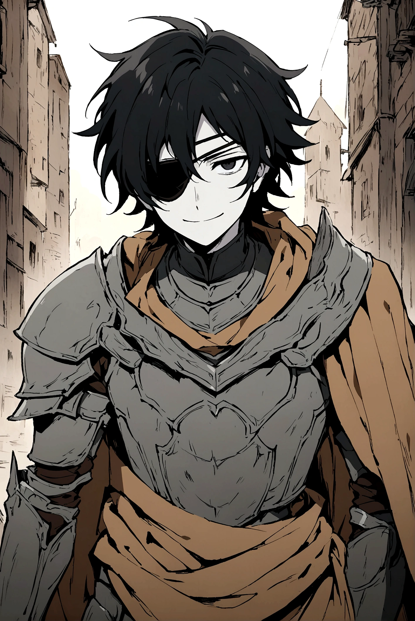 Anime drawing style of an effeminate boy with slightly long black hair with pale skin and black eyes wearing gray armor with brown cloth while he has an innocent smile although he is missing one eye which he covers with a silver eyepatch