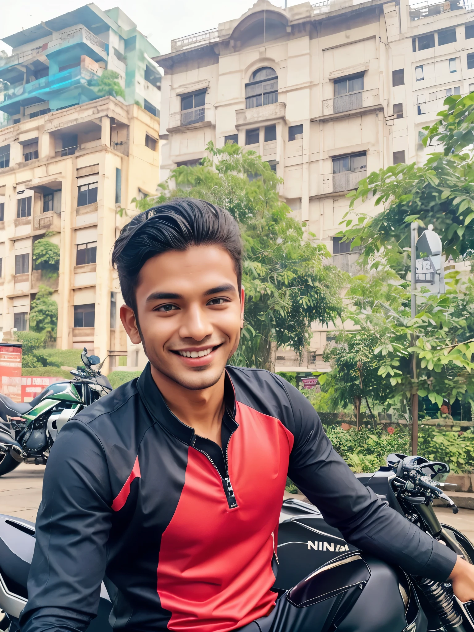 sitting on ninja h2r bike in kolkata city, boy is smiling, he is wearing blue shirt and black pants, he is looking very handsome, his hair style is very nice