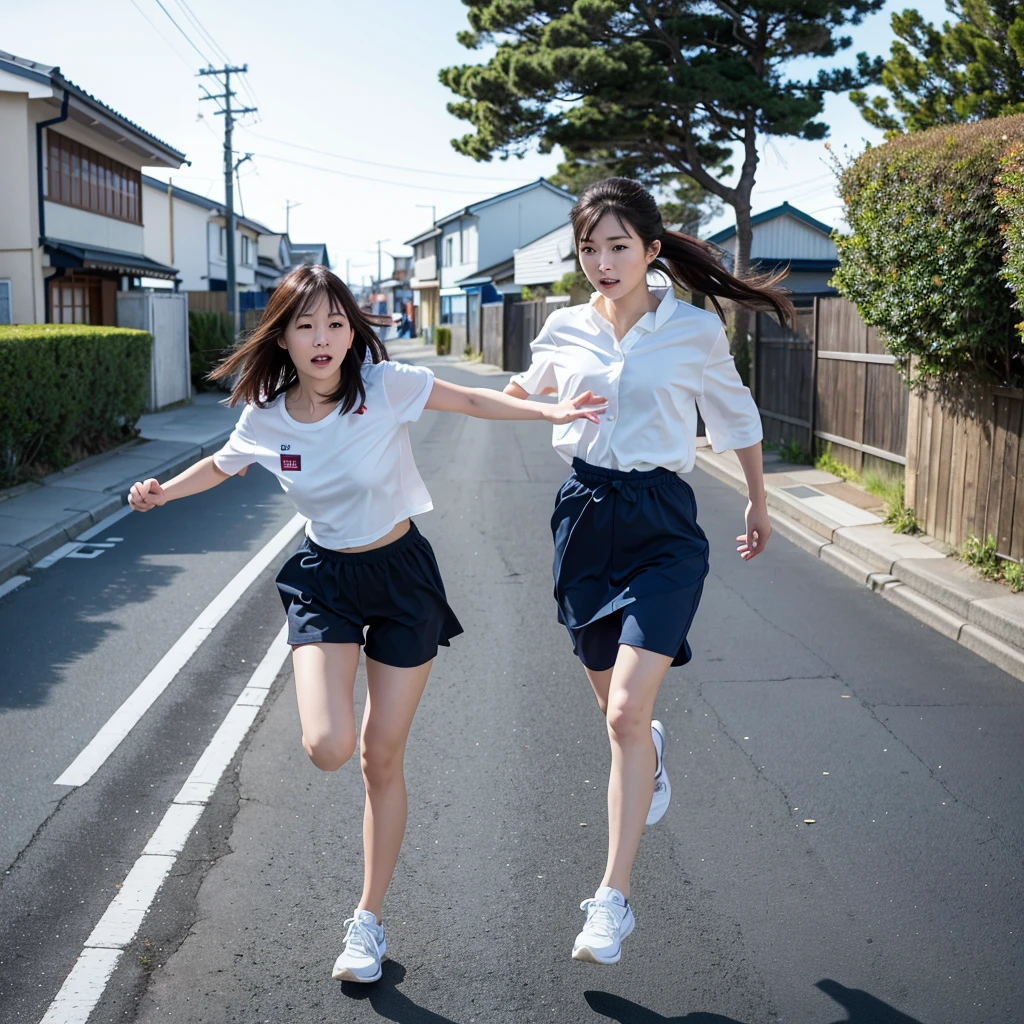 masterpiece, 8K, high quality, High resolution, Skinny Japanese woman, 30 years old, (Detailed face, Fine grain), Sprinting down the seaside street, Cool photo of the moment
