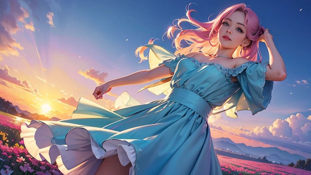 (Highest quality,4K,8K,High resolution,masterpiece:1.2),Very detailed,(now,Realisticに,Realistic:1.37),girl in a luxurious blue dress,His eyes were sparkling with joy, Her lips were slightly curved,Show a kind smile. The sun casts a warm golden light on her face, Enhance her beauty. The flowers are bright pink and purple、A wide range of soft pastel colors。, Create a harmonious and visually pleasing composition. Soft and diffuse lighting, Creates a dreamy and fantastical atmosphere. girl standing in the middle of the field, Please raise your arms a little, Enjoy the beauty of nature. Carefully Balanced Formula, girl'Off-center position, Create a sense of movement and vitality. The flowers are carefully painted in detail...., Each petal and leaf is carefully depicted.. girl'The skirt wraps her elegantly, Adds elegance and femininity to any occasion. all-inclusive, Works that evoke happy feelings, Enshrine, Appreciation for the beauty of nature.........