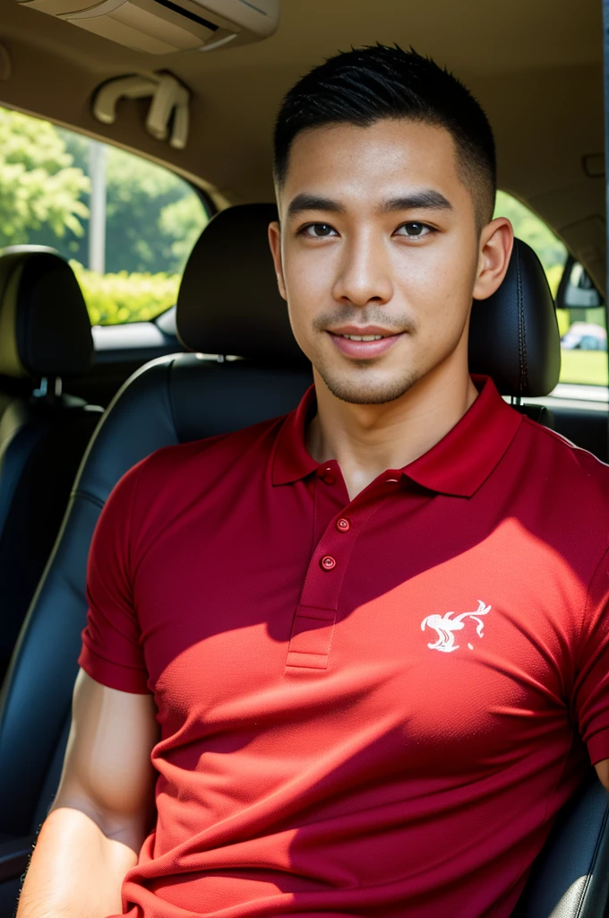 (Create a masterpiece: 1.2),(CGI art:1.3),(realistic:1.5),(After processing:1.3),(Sharp focus:1.3),10,1 man, smile, (Wear a crimson polo shirt..) , short hair, Korea ,Torn body, facial hair, Indonesian, (High gloss details),chest muscles, large arm muscles, blood vessel, Big muscles, Broad shoulders, sportsperson, football, sit in the car