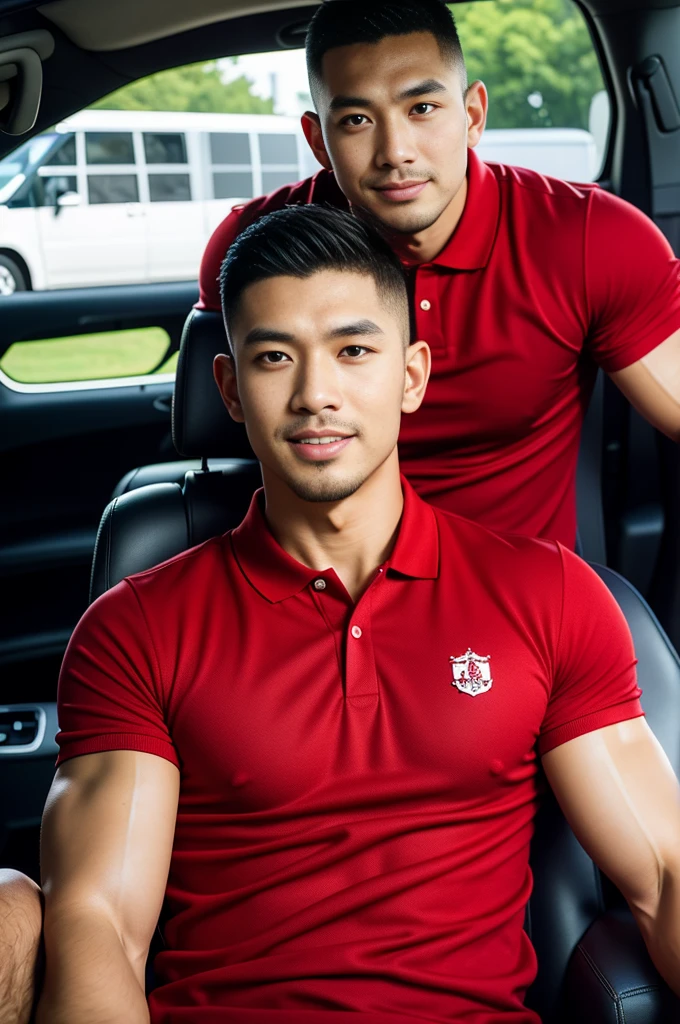 (Create a masterpiece: 1.2),(CGI art:1.3),(realistic:1.5),(After processing:1.3),(Sharp focus:1.3),10,1 man, smile, (Wear a crimson polo shirt..) , short hair, Korea ,Torn body, facial hair, Indonesian, (High gloss details),chest muscles, large arm muscles, blood vessel, Big muscles, Broad shoulders, sportsperson, football, sit in the car
