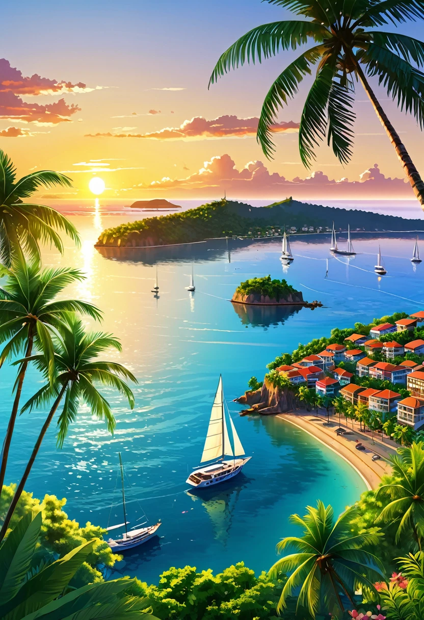 a town port at sunset with a sky background, a sailboat away, quiet afternoon, incredibly pretty, quiet afternoon, distance forest hills, sea cliff, coconut trees, beautiful animated landscape, View from above

