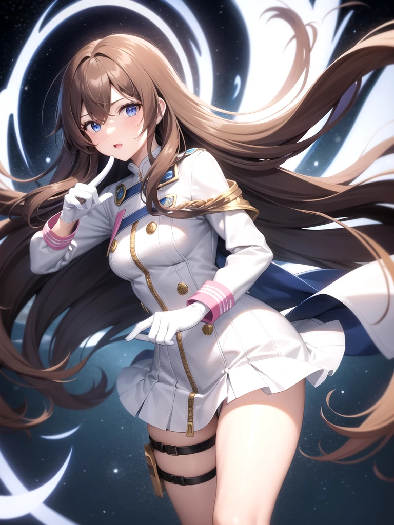 A woman, long brown hair [Wavy hair at the end of the hair,], blue eyes [bright pupils 1.5] break 
White shirt[with white shirt collar], Pink coquette jacket[Zipped up half way], Space blue short, Black gloves[short gloves,cover only the wrist and middle finger], Black tights, White legs warm,Blown boots [Short]. Break 
