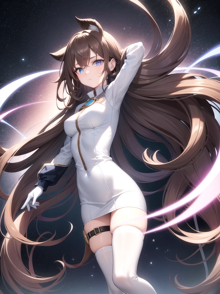 A woman, long brown hair [Wavy hair at the end of the hair,], blue eyes [bright pupils 1.5] break 
White shirt[with white shirt collar], Pink coquette jacket[Zipped up half way], Space blue short, Black gloves[short gloves,cover only the wrist and middle finger], Black tights, White legs warm,Blown boots [Short]. Break 
