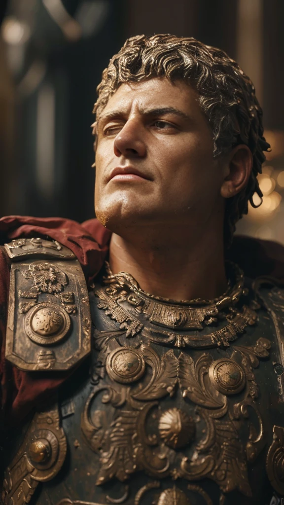 a close up of a statue of a man in armor, cinematic close-up bust shot, cinematic bust shot, roman emperor, inspired by Pogus Caesar, cinematic bust portrait, caesar victorious, inspired by Caesar van Everdingen, realistic 8k bernini sculpture, inspired by Caesar Andrade Faini, caesar, by Pogus Caesar, Augustus Caesar