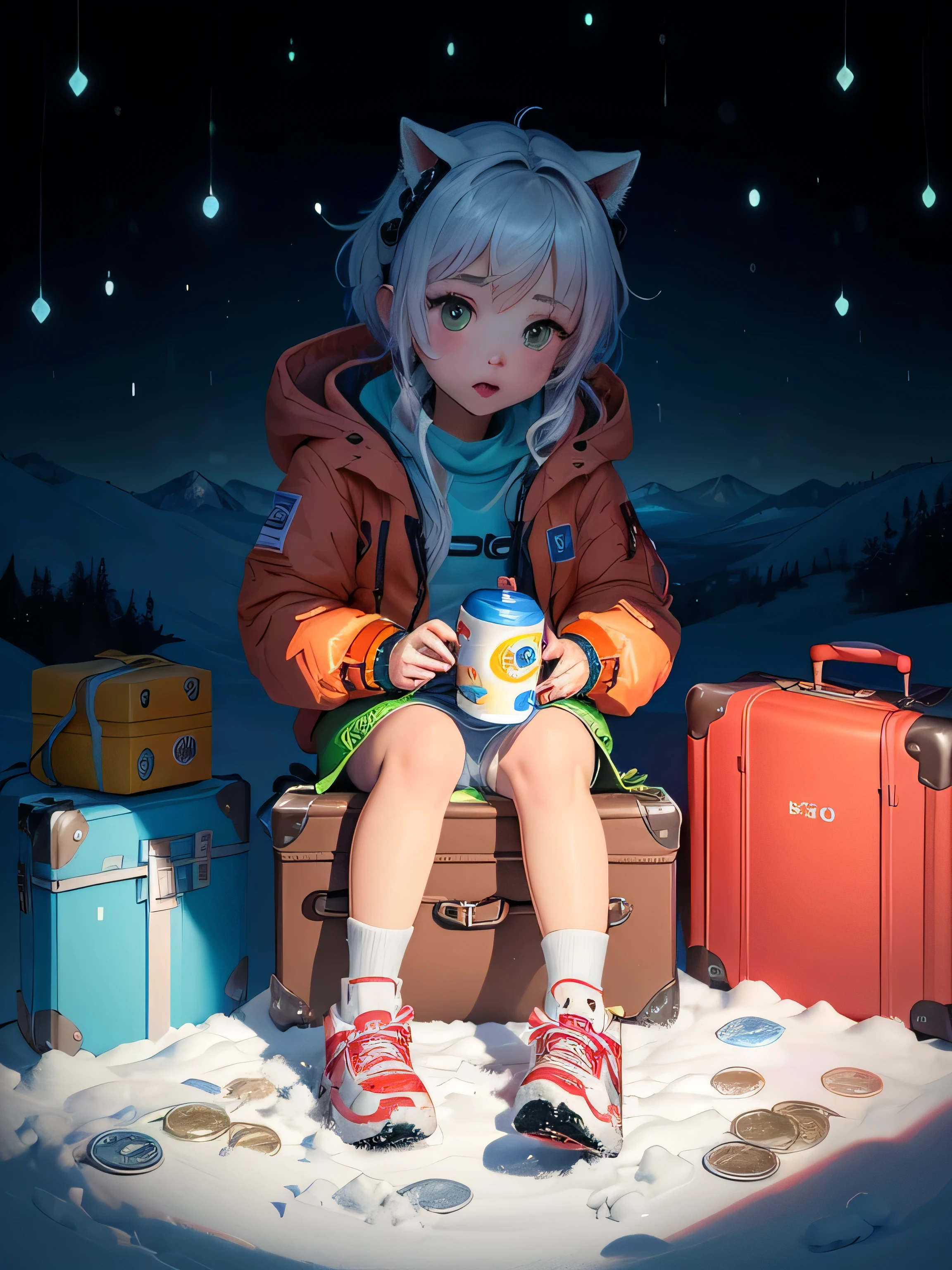 cartoon  in diap sitting on a table with a suitcase and money, cute detailed digital art, typical cryptocurrency nerd, cute digital art, advanced digital chibi art, Have a survival kit, including emergency rations,Survival kits, drinking water, and emergency food are provided around,cryptocurrency, 8 k cartoon illustration, Snow is falling in the background,cute cyber gods, cryptopunk, satoshi con, 🚀🌈🤩, 🔞🤡, stylized digital illustration, 🚀🚀🚀, 🪔 🎨;🌞🌄