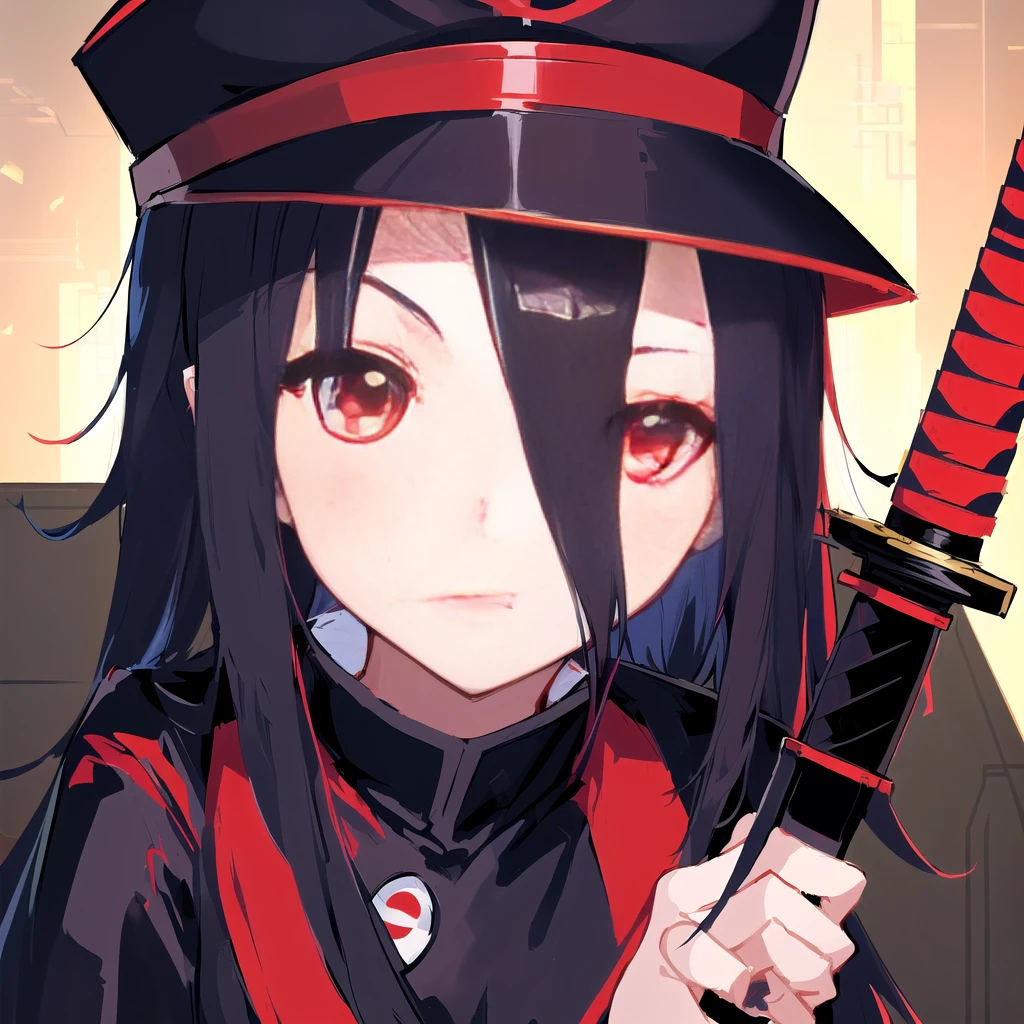 Anime girl with red eyes holding a sword and a red hat, Style of Red Line Anime, Katana Zero Video Game Character, Cute girl anime visual, shuushuu anime character, female anime character, Anime Stills, sao style anime, Kill, kill, kill, Anime style like fate/overnight, Kill, kill, kill illustration, Makai Ryuko