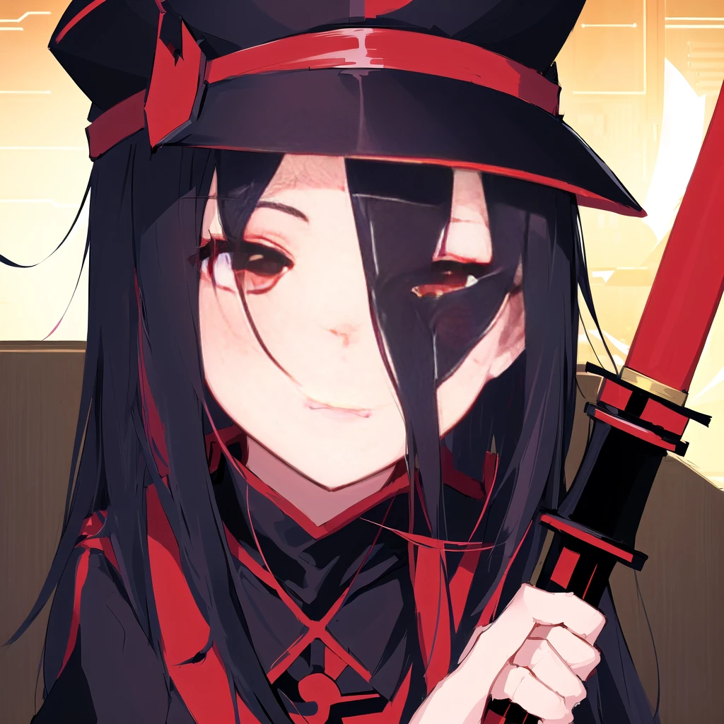 Anime girl with red eyes holding a sword and a red hat, Style of Red Line Anime, Katana Zero Video Game Character, Cute girl anime visual, shuushuu anime character, female anime character, Anime Stills, sao style anime, Kill, kill, kill, Anime style like fate/overnight, Kill, kill, kill illustration, Makai Ryuko