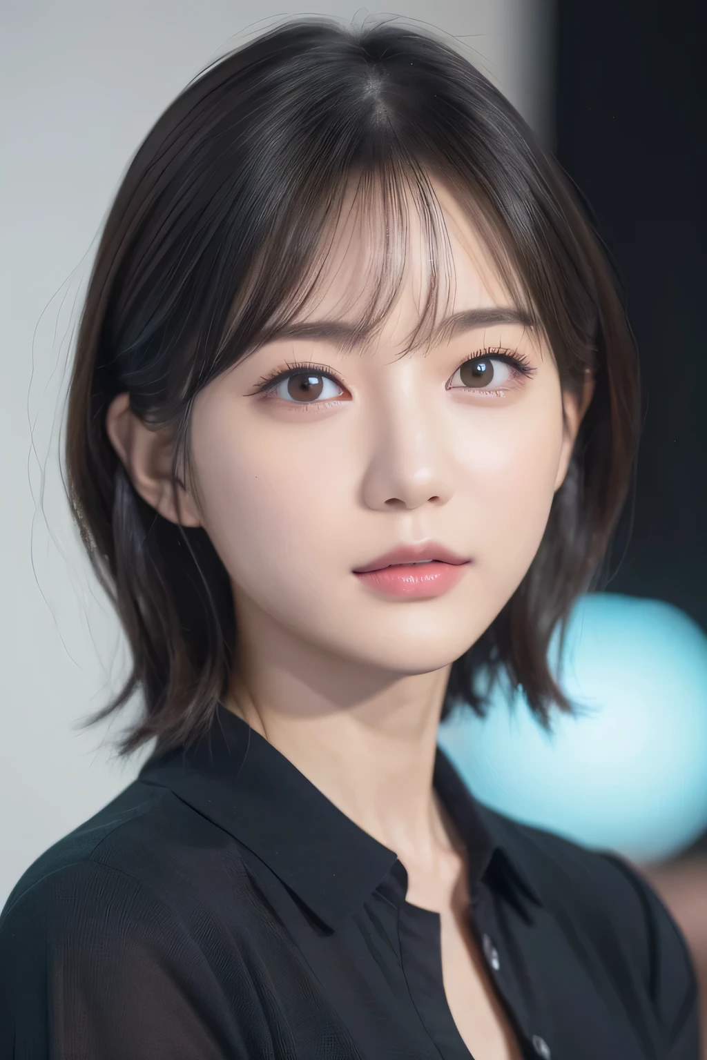 Light blue polo shirt、short hair, Slightly curled perm、beautiful girl、beautifulディテールまでこだわった目、 venue、Highest quality, 超High resolution, (reality: 1.2), Cinema Lighting、(Japanese Girls)、 beautiful、beautiful肌、(Looking at the audience)、(Surreal)、(High resolution)、(8K)、(Very detailed)、(beautifulディテール)、(Very detailed)、 (wallpaper)、Detailed face、Bright lighting、Professional Lighting、Surprised face、Highest quality、 masterpiece、超High resolution、(reality的:1.3)、RAW Photos、1 Girl、Black Hair、Glowing Skin、((Ultra-reality的 Details))、Portraiture、Global Illumination、Shadow、Octane Rendering、Ultra Sharp、Metal、Cool colors、、Very intricate detail、reality的 Light