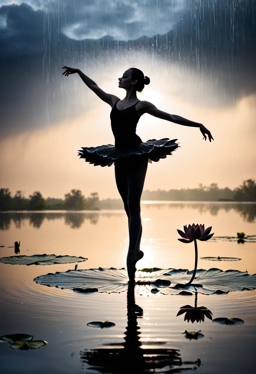 heavy rain,Rain splash,Girl shows black silhouette,Contrast with bright background,ballet silhouette,High contrast,Silhouette ballerina on the lake,lotus, lily pad,Shooting against the light,