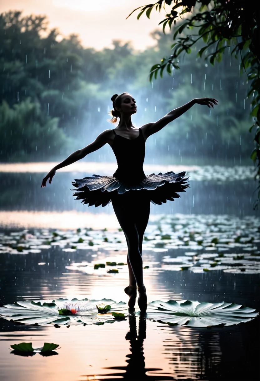 heavy rain，Rain splash，Girl shows black silhouette,Contrast with bright background,ballet silhouette,High contrast,Silhouette ballerina on the lake,lotus, lily pad，Shooting against the light，