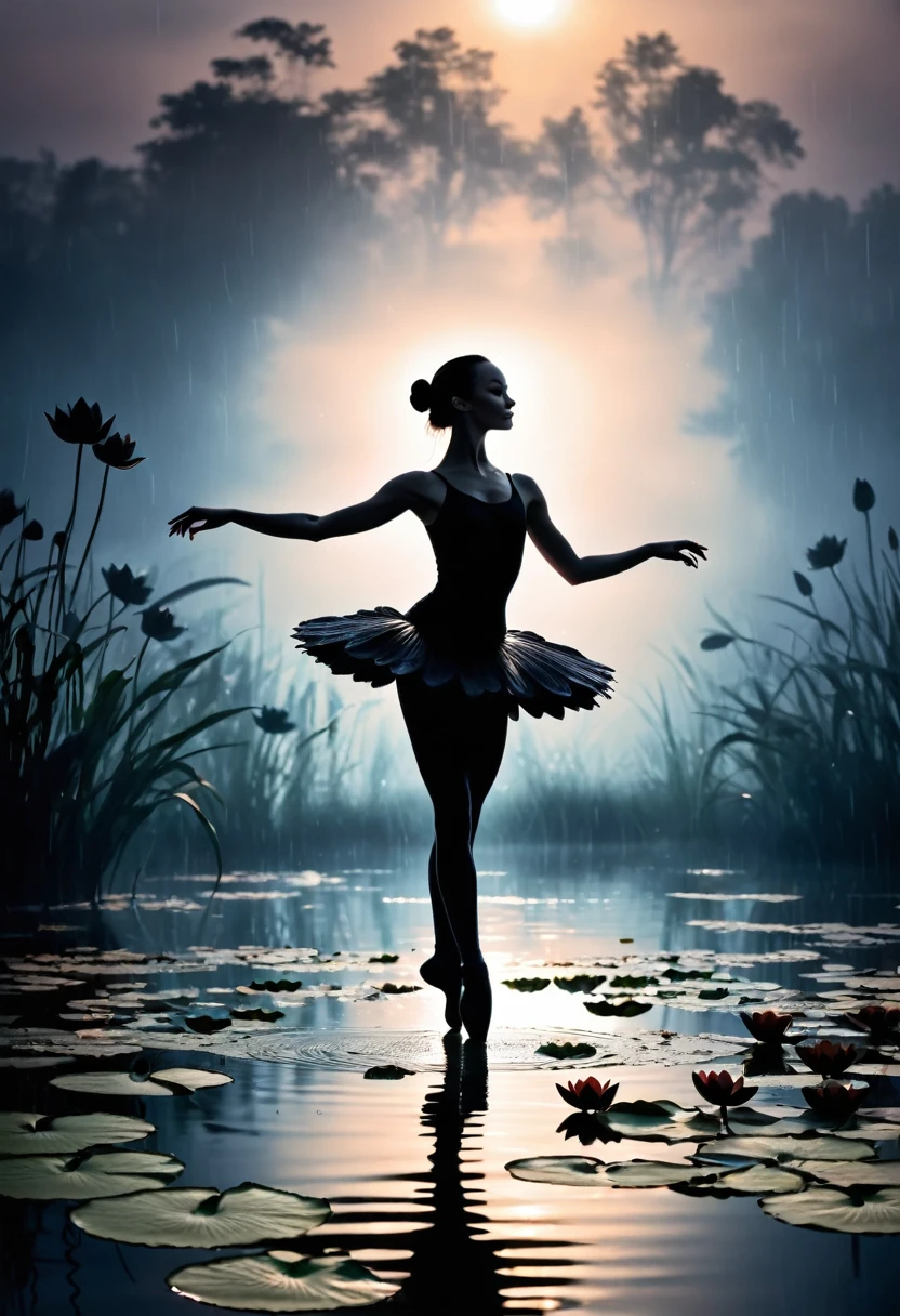 heavy rain,Rain splash,Girl shows black silhouette,Contrast with bright background,ballet silhouette,High contrast,Silhouette ballerina on the lake,lotus, lily pad,Shooting against the light,
