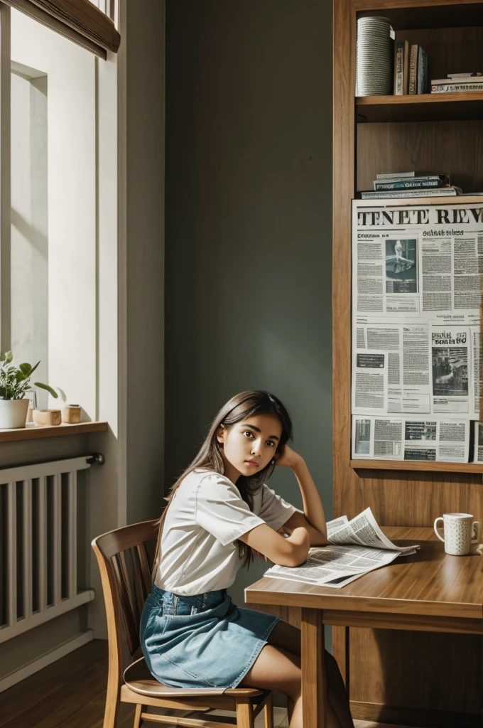 A girl sit in the chair Infront of a table and a newspaper is on table