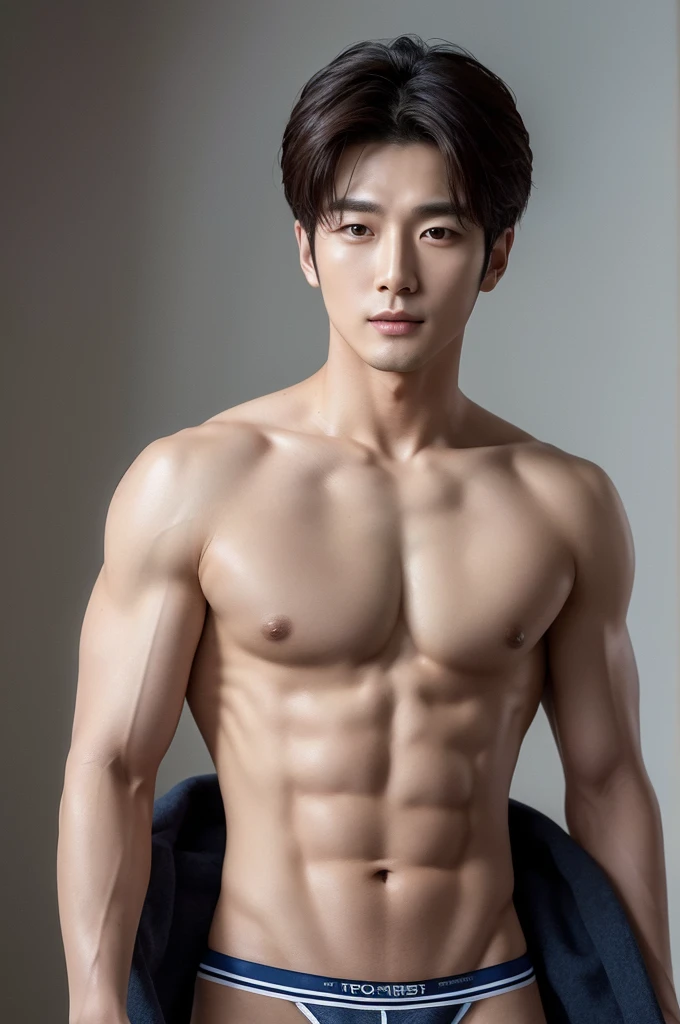 ((Highest quality)), (detailed), Perfect Face, Korean Man, No shirt, Beautiful Face, Chest muscles, The volume of the underwear, protuberance, big, futurist, Corpo thin, Hoarse voice, thin, big nice protuberance, Handsome Korean actors, Sensualポーズ, Sensual