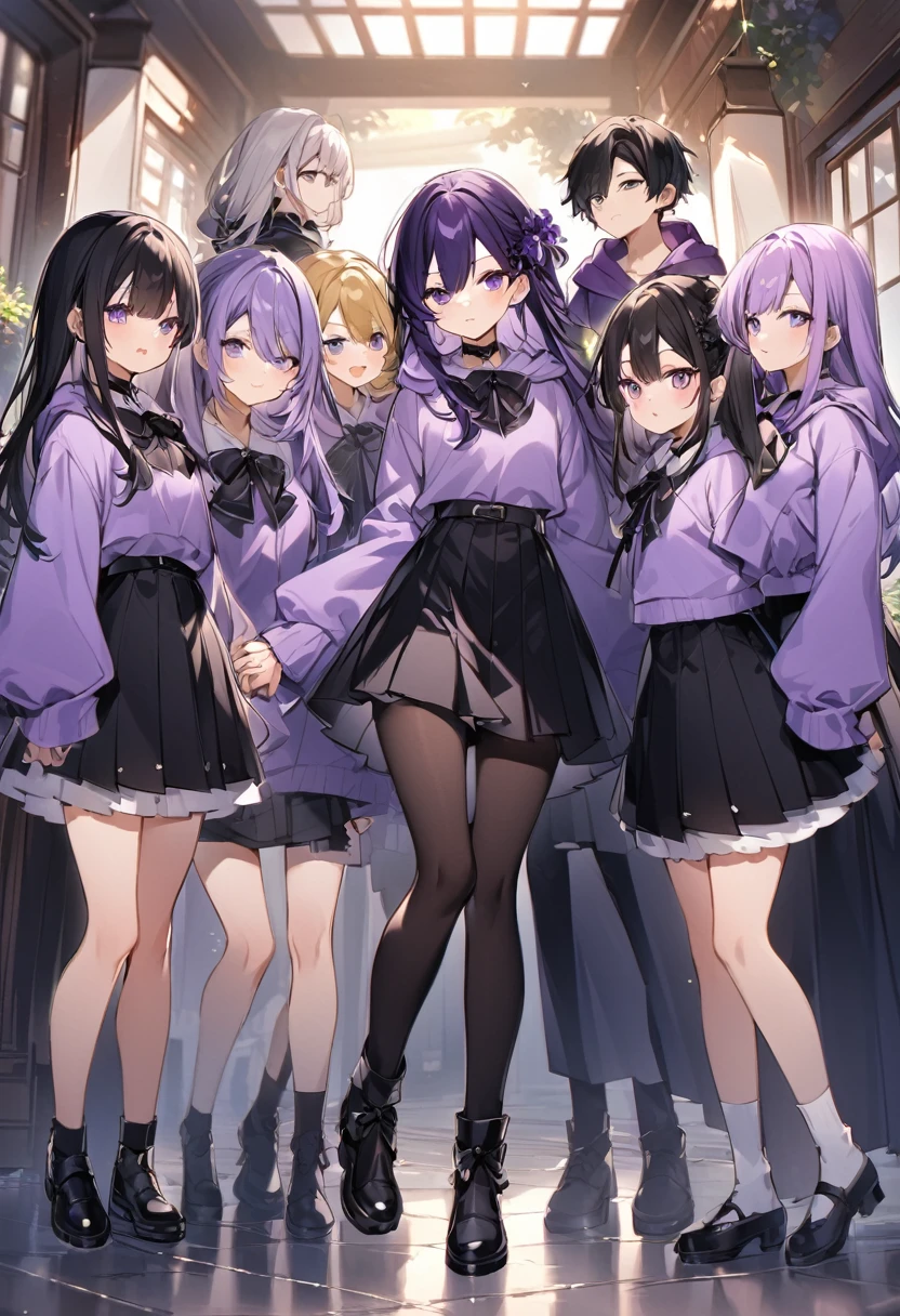 Keito。Purple hoodie。Black Skirt。Purple Eyes。Black Hair。Black shoes下。Black shoes。6 people。The eldest daughter has purple hair