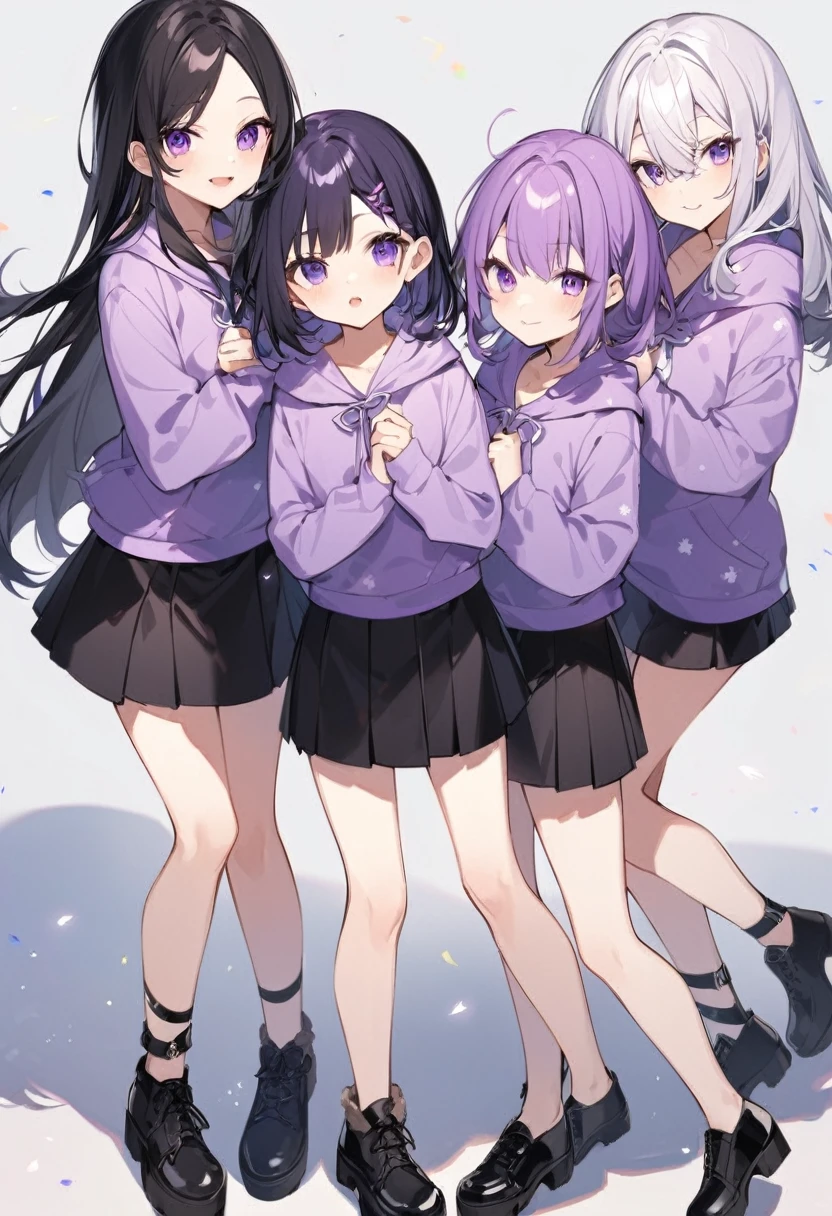 Keito。Purple hoodie。Black Skirt。Purple Eyes。Black Hair。Black shoes下。Black shoes。6 people。The eldest daughter has purple hair