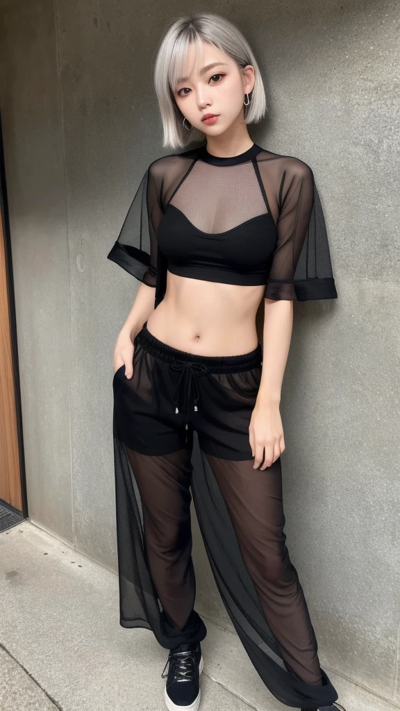 (8K, Photorealistic, Raw photo, Highest quality: 1.4),Japanese idol-style beautiful girl,model,1 person,18-year-old,(Short Bob),(Silver Hair :1.2),She has her hair tucked behind her ears,Clear grey eyes,Long eyelashes,(piercings(small)),(Lip gloss),lips(Plump,glossy),thin long neck,(Micro T-shirt((Perfect for the skin),(Black),(Short length that shows the navel))),(Jacket((Black),(Sheer),(Mesh))Layering),(Wide leg pants((Sweat fabric),(Length that covers the instep))),pumps,Full body portrait