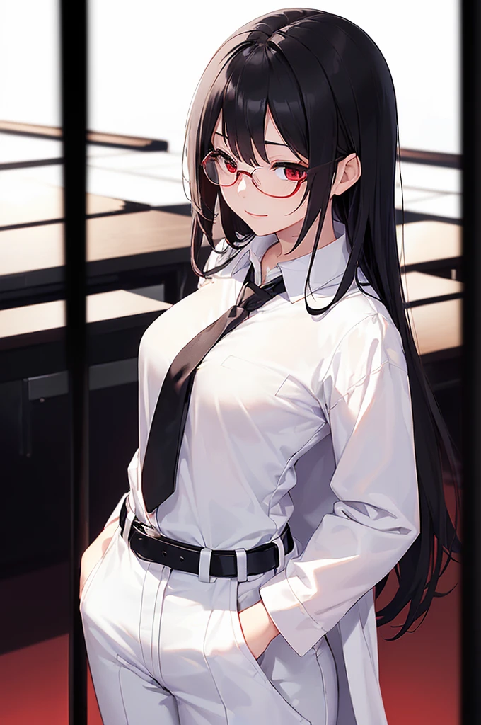 (masterpiece; best quality: 1.2), (finely detailed eyes: 1.3), ((25 year old woman)), ((solo)), (red eyes: 1.4), (body; gorgeous, lithe, femenine: 1.3), (silky black hair: 1.3), (beautiful and clear background: 1.2), ((depth of field)), (equipment: white unbuttoned labcoat + black shirt + white necktie + white pants + black belt + black square glasses: 1.3), (anime illustration: 1.2), (background composition; japanese highschool classroom + furniture: 1.1), (extremely fine and beautiful: 1.1), (shot composition; standing + centered on torso + close-up: 1.5), (expression; calm, small smile: 1.2)