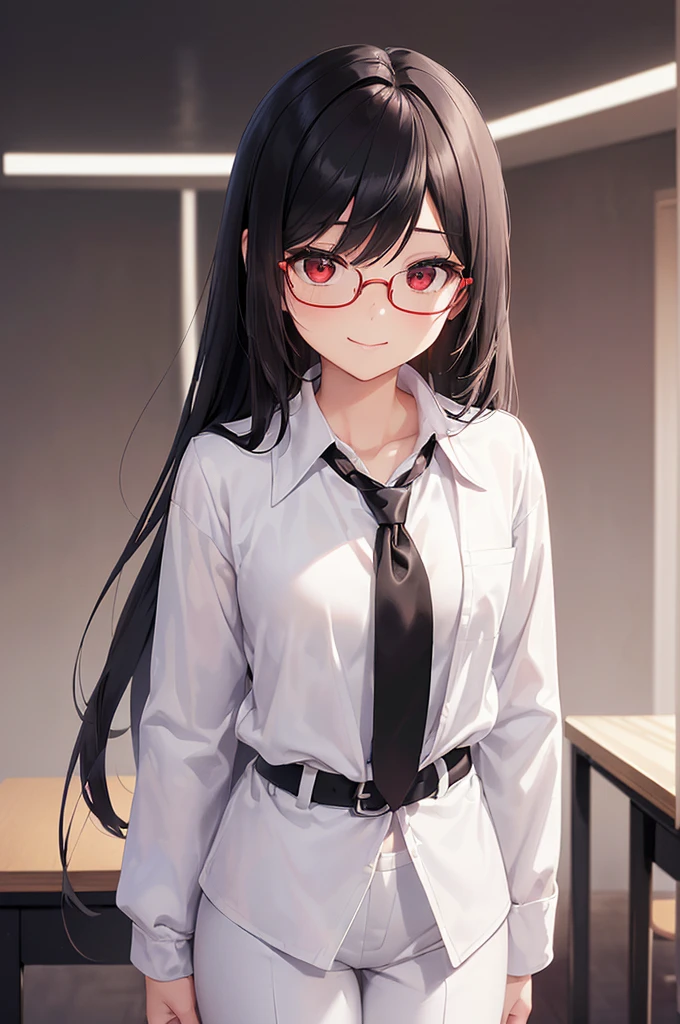 (masterpiece; best quality: 1.2), (finely detailed eyes: 1.3), ((25 year old woman)), ((solo)), (red eyes: 1.4), (body; gorgeous, lithe, femenine: 1.3), (silky black hair: 1.3), (beautiful and clear background: 1.2), ((depth of field)), (equipment: white unbuttoned labcoat + black shirt + white necktie + white pants + black belt + black square glasses: 1.3), (anime illustration: 1.2), (background composition; japanese highschool classroom + furniture: 1.1), (extremely fine and beautiful: 1.1), (shot composition; standing + centered on torso + close-up: 1.5), (expression; calm, small smile: 1.2)