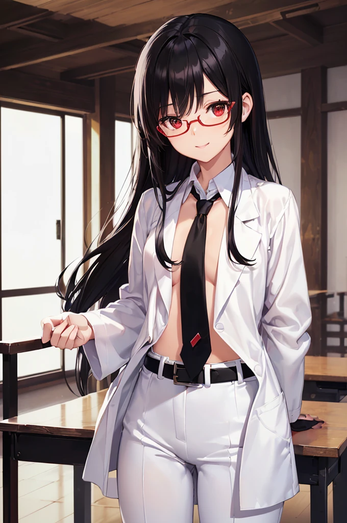(masterpiece; best quality: 1.2), (finely detailed eyes: 1.3), ((25 year old woman)), ((solo)), (red eyes: 1.4), (body; gorgeous, lithe, femenine: 1.3), (silky black hair: 1.3), (beautiful and clear background: 1.2), ((depth of field)), (equipment: white unbuttoned labcoat + black shirt + white necktie + white pants + black belt + black square glasses: 1.3), (anime illustration: 1.2), (background composition; japanese highschool classroom + furniture: 1.1), (extremely fine and beautiful: 1.1), (shot composition; standing + centered on torso + close-up: 1.5), (expression; calm, small smile: 1.2)