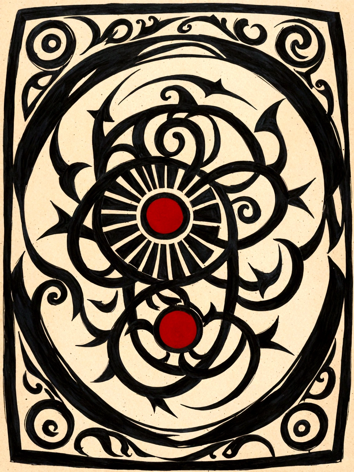 A sticker of GU, depicted as a horn, designed as a black and white tattoo with red accent elements. The horn is shown with intricate details, including finely etched lines that highlight its curves and natural texture. Surrounding the horn are symbols of strength and protection, such as traditional sumerian motifs and cuneiform inscriptions, emphasizing its role as a symbol of power and protection in battles. The background includes elements such as stylized waves and geometric patterns, adding depth and context to the design. The overall design is in black and white, with deep blacks and bold contrasts, while red accents are used to highlight key elements such as the cuneiform symbols and specific parts of the horn. The composition follows the golden ratio, ensuring a balanced and harmonious depiction of the powerful and protective amulet, creating a striking and bold yet elegant tattoo design.