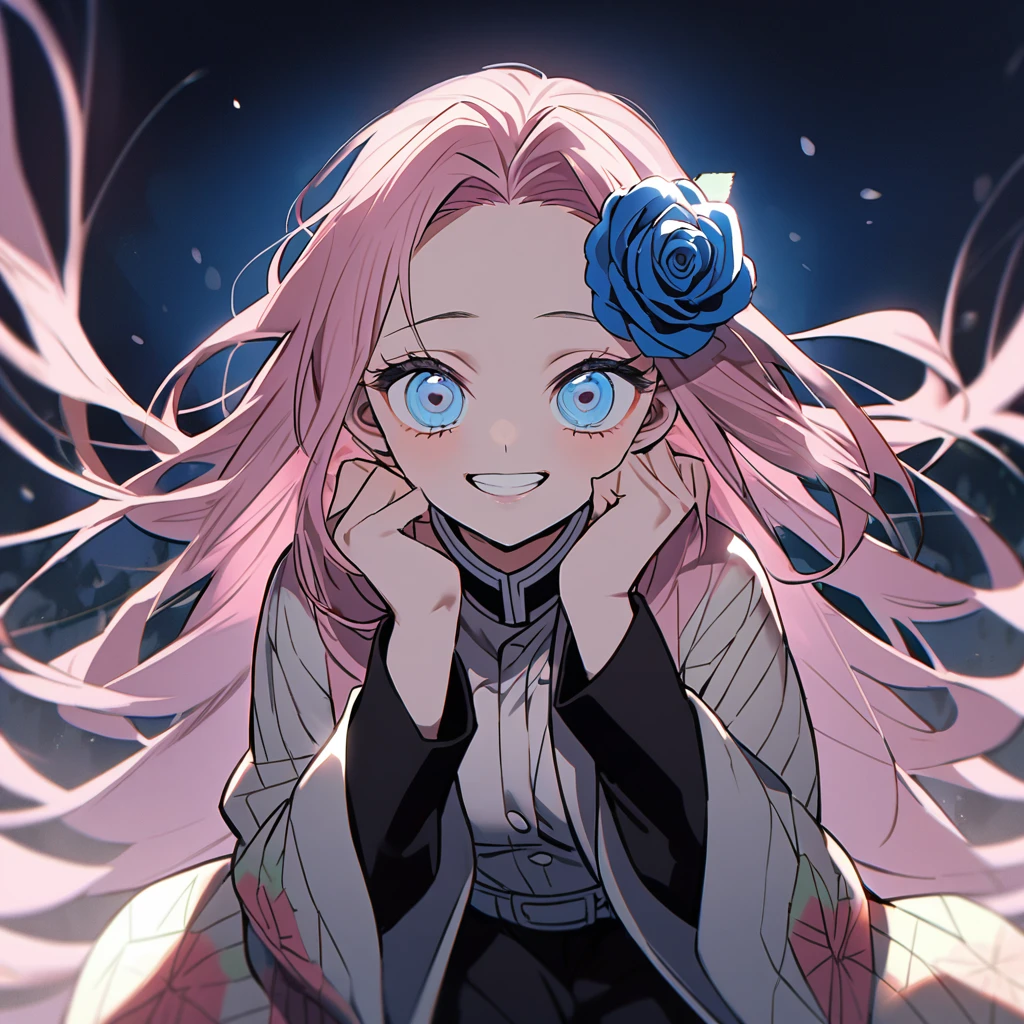 1. The fate of Kimetsu no Yaiba, long hair,light pink hair with light blue tips, light blue eyes, a blue rose in her hair,demon hunter uniform,haori rosa, Grinning, both hands on the cheek,gazing at viewer, background night