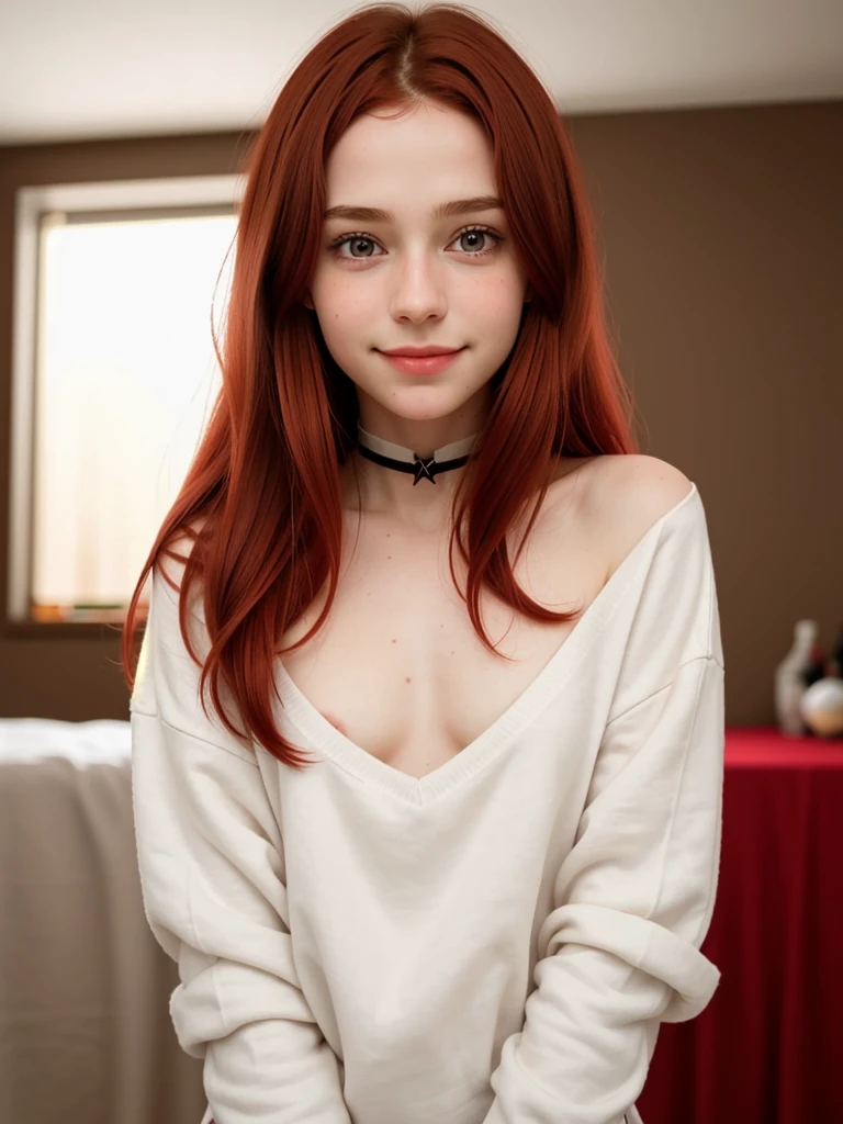 (((solo girl))) (1girl) from behind, full body shot, underneath shot, raw photo, (13yo skinny redhead girl:1.2), ((intense red hair)) ((very long hair)), blushing, graphic eyeliner, rouge, (lipstick:0.6), (choker:0.9), realistic skin texture, oversize knit sweater, (red:0.8), softcore, warm lighting, cosy atmosphere, instagram style, nsfw , naive, shy, short, thin, fit, beautiful, cute, pale skin, ((just a little smile)) ((blushing smile)), very suggestive sexy pose.