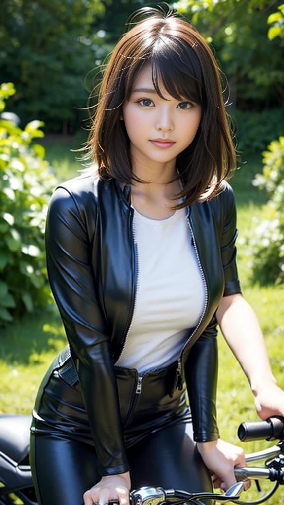 Close-up of a cute Japanese girl riding a motorcycle、Leather jumpsuit、Very big bike、