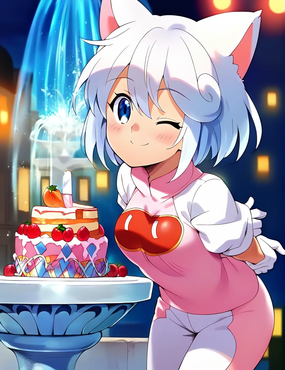 NSFW1.9、Completely naked、,cake,score_9,score_8_up,score_7_up,source_アニメ,1girl,独奏,looking at viewer,shirt,white puff sleeve,short sleeves,white gloves,white pants,smile,:d,one eye closed,light_blush,city,fountain,arms_behind_back,standing,leaning_forward,cowboy_shot,front view,